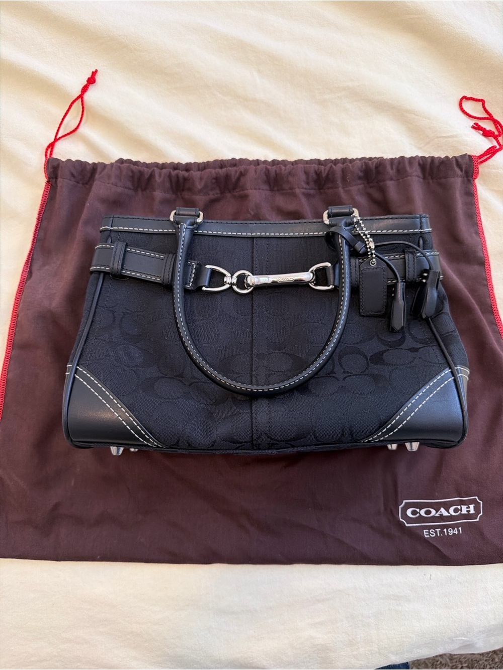 COACH Black Signature Canvas Satchel with Silver Horsebit Detail
